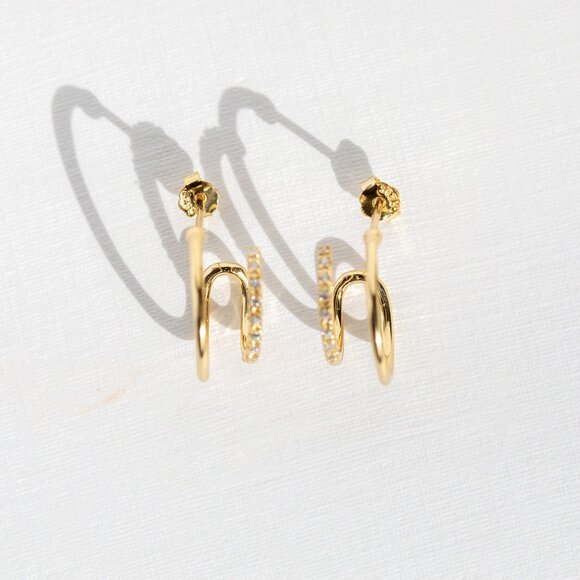 Gold Double Hoop Earring pave and Extra Loop Pretty Earrings Unique Earrings - Picture 8 of 12